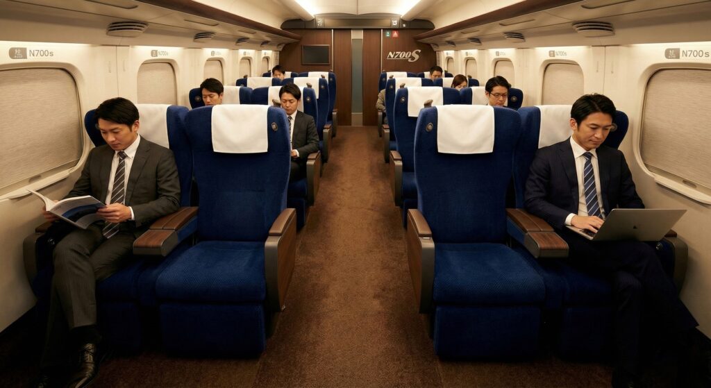 Interior of Shinkansen Green Car with spacious blue seats