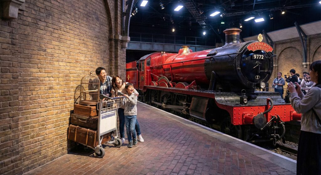 Red Hogwarts Express steam train at Platform 9 3/4 photo spot inside Harry Potter Studio Tour Tokyo