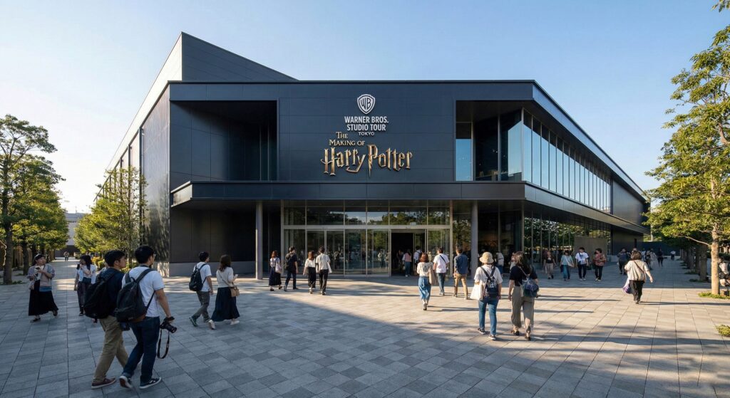 Modern exterior entrance of Warner Bros. Studio Tour Tokyo located in Nerima Toshimaen