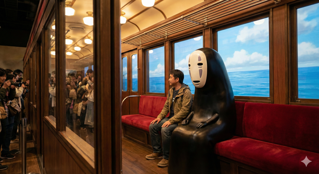 No Face Kaonashi sitting on the train from Spirited Away photo spot