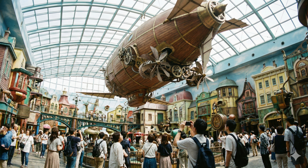 Steampunk style flying airship inside Ghibli's Grand Warehouse